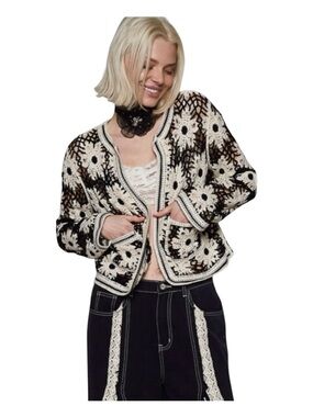 POL Black & Creme Crochet Cardigan, Size OS.